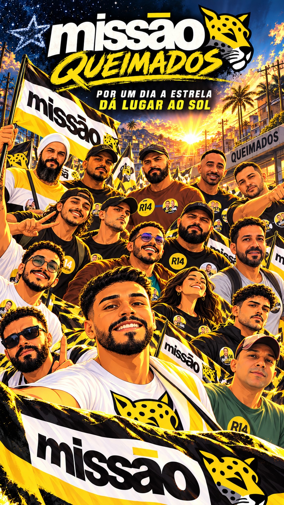 Pôster ilustrado com participantes das ações de rua do Missão Queimados